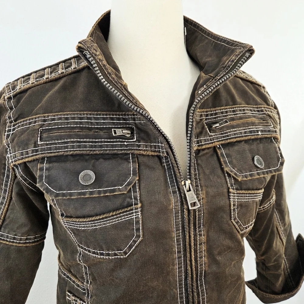 BKE Boys Antique Jacket Dark Brown Bomber Faux Leather Size Medium NEW NWT